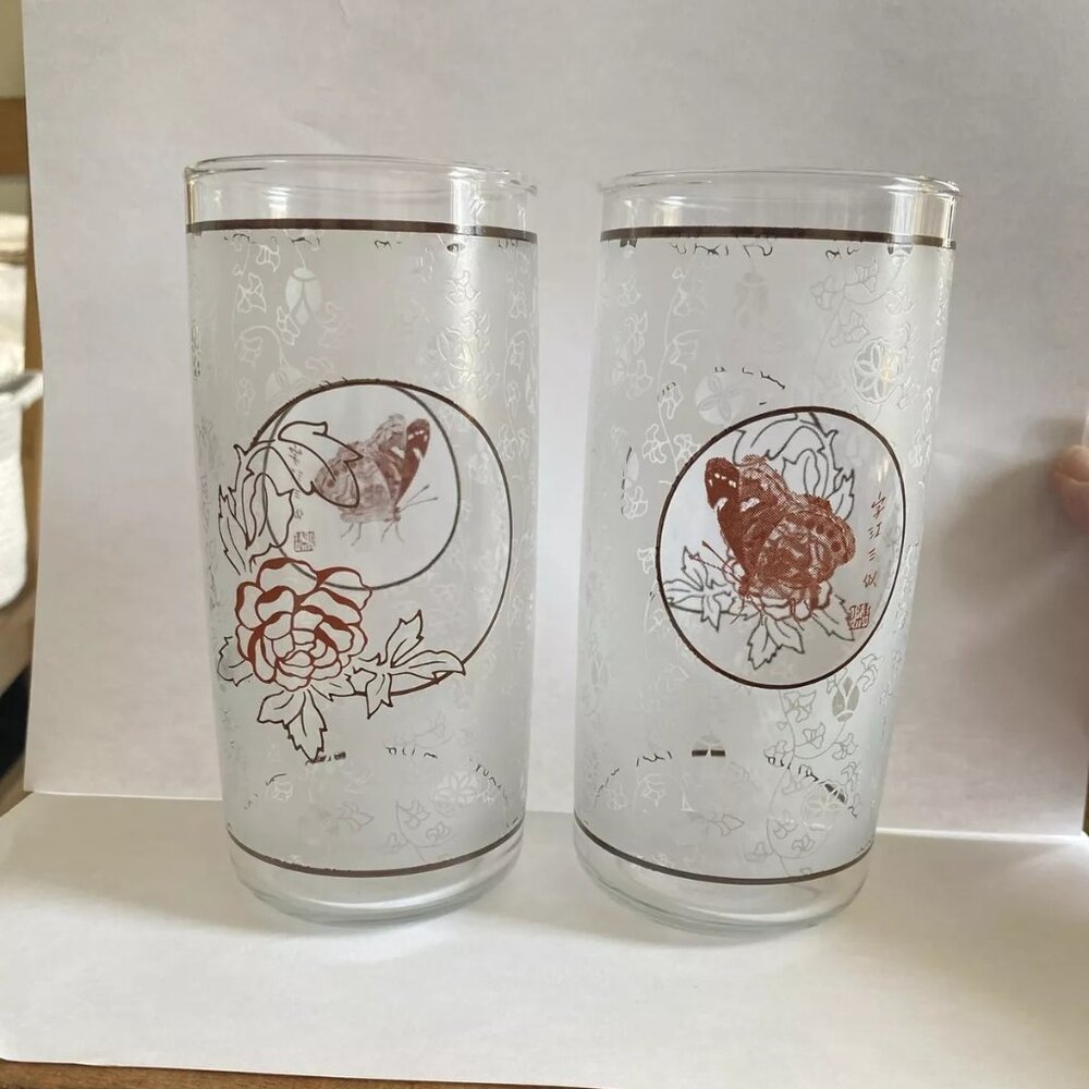 Vintage Anchor Hocking Drinking Glasses (2) Butterfly Rose Etched Design 6” MCM